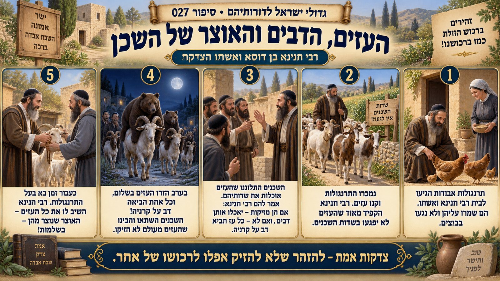 תמונת סיכום — רבי חנינא בן דוסא ואשתו הצדקת: העזים, הדבים והאוצר של השכן